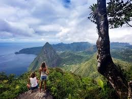 Hikers at scenic Piton overlook, Saint Lucia
